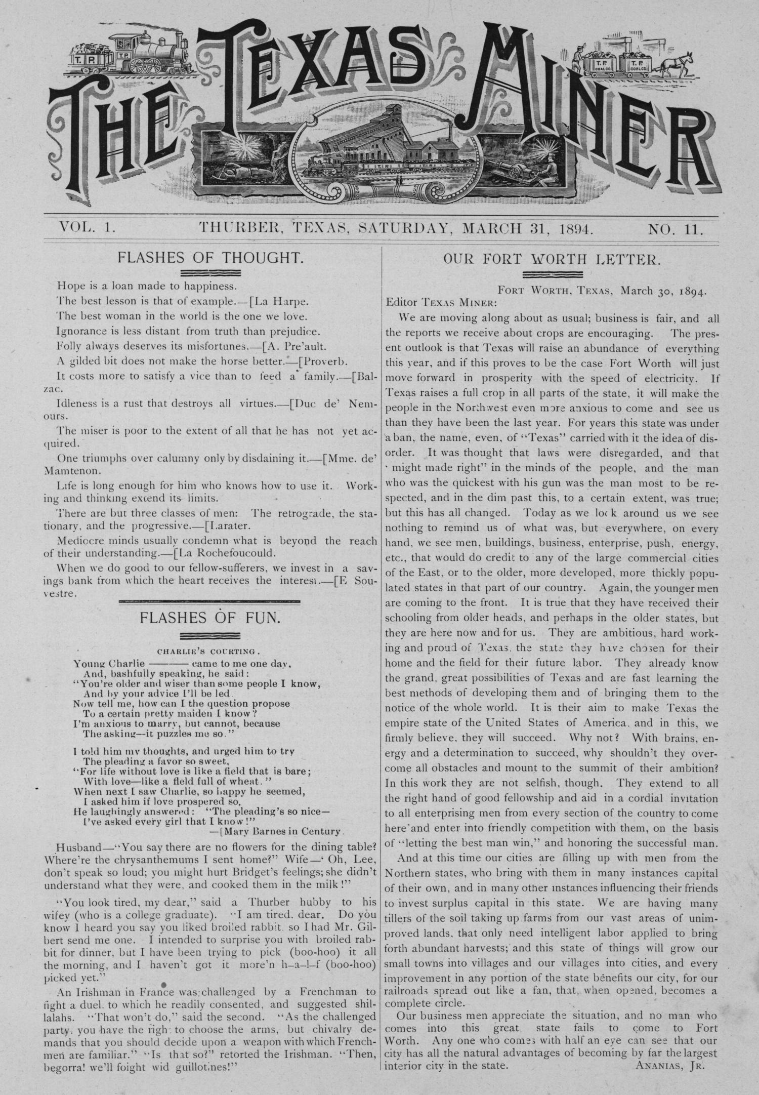 The Texas Miner, Volume 1, Number 11, March 31, 1894
                                                
                                                    1
                                                