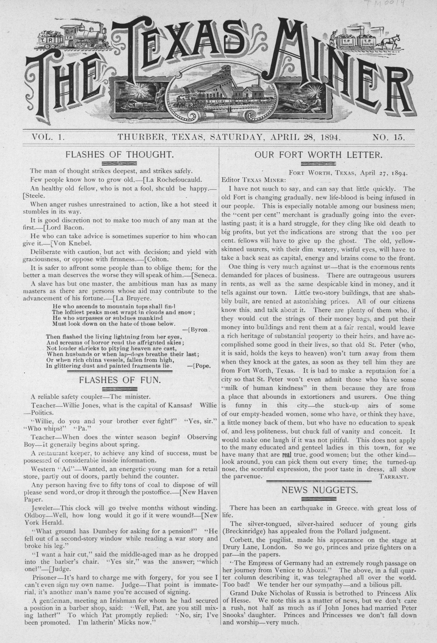 The Texas Miner, Volume 1, Number 15, April 28, 1894
                                                
                                                    1
                                                