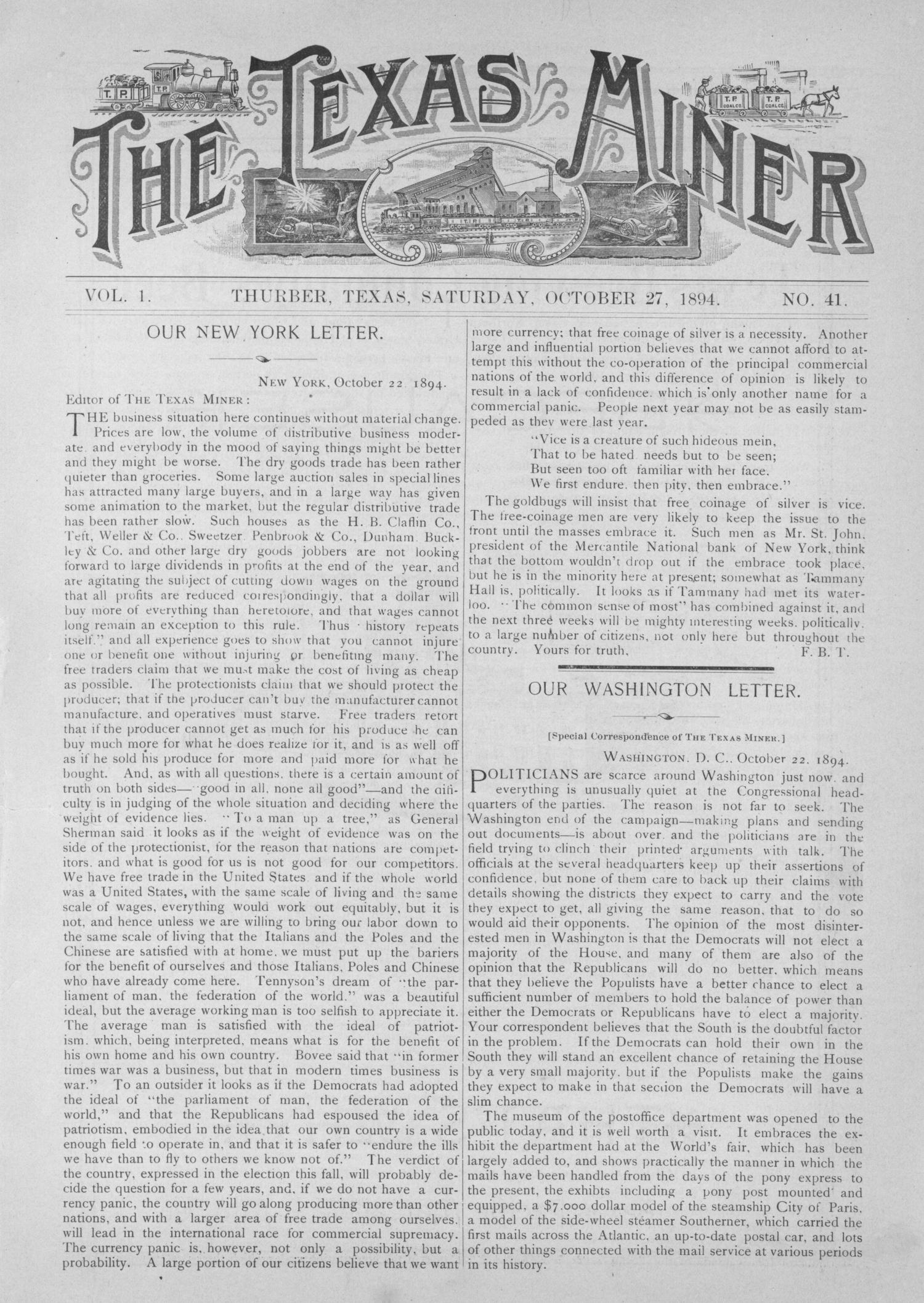The Texas Miner, Volume 1, Number 41, October 27, 1894
                                                
                                                    1
                                                