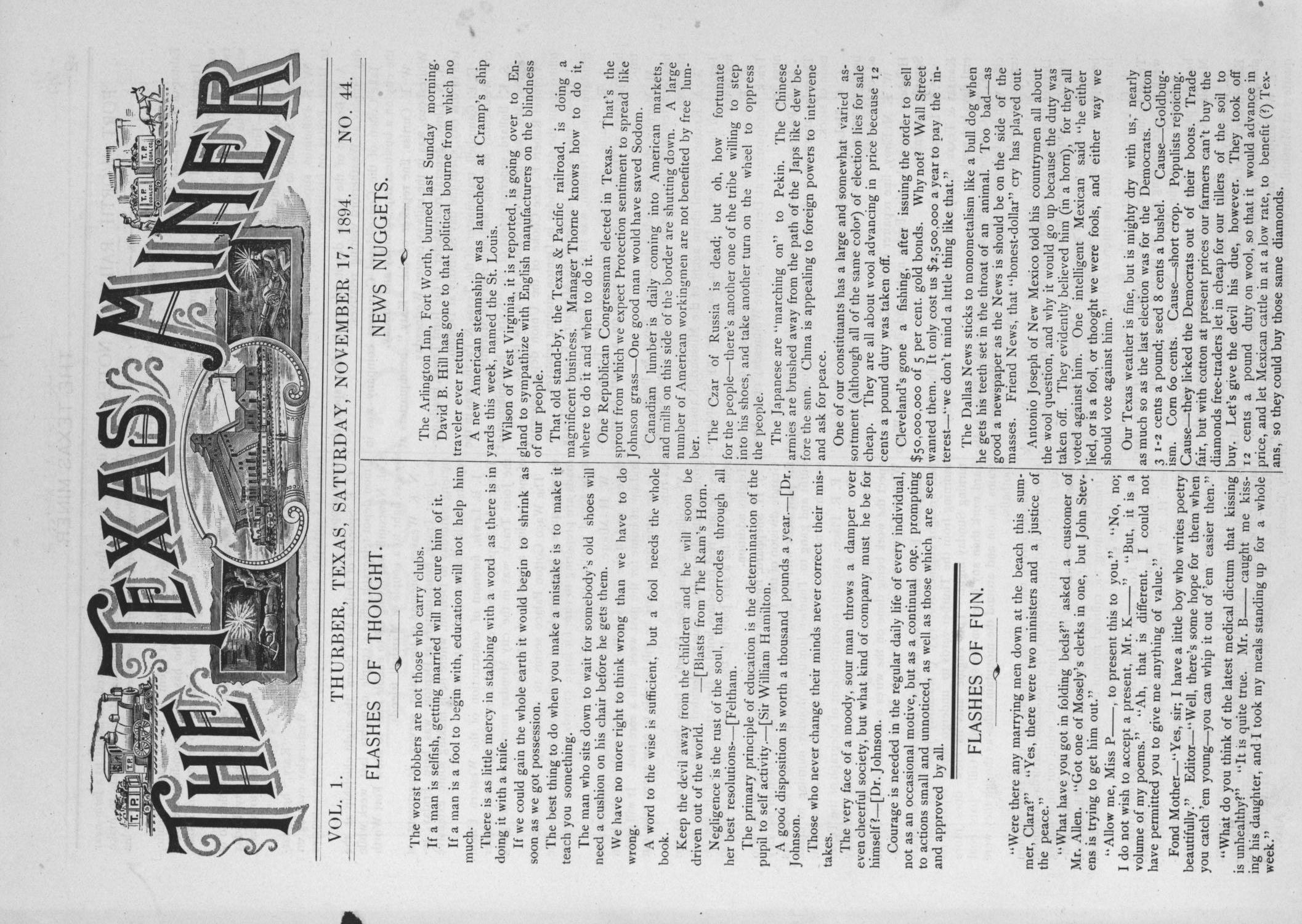 The Texas Miner, Volume 1, Number 44, November 17, 1894
                                                
                                                    1
                                                