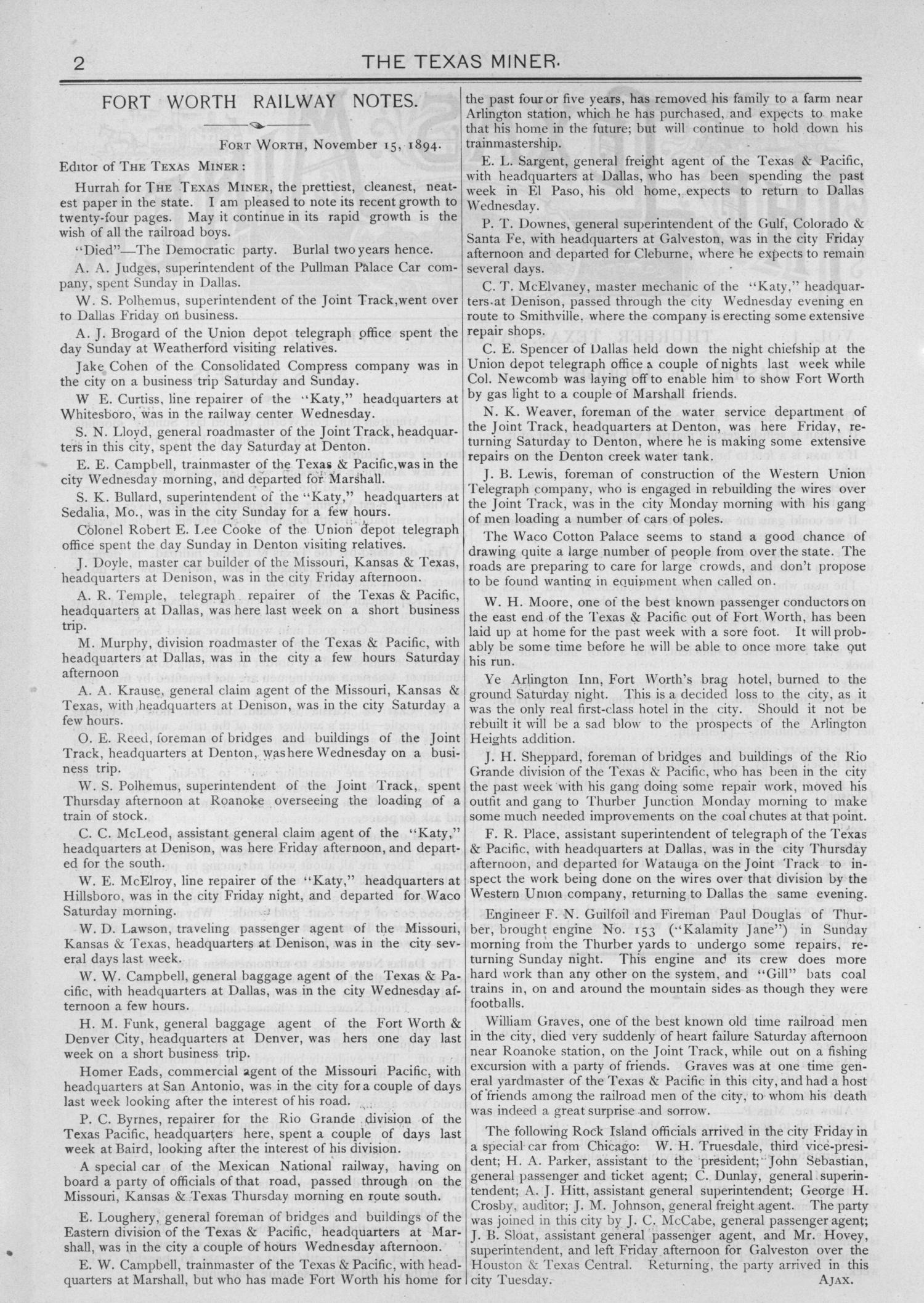 The Texas Miner, Volume 1, Number 44, November 17, 1894
                                                
                                                    2
                                                