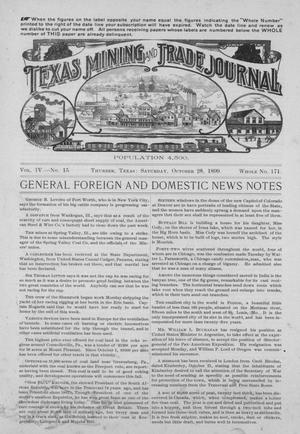 Primary view of object titled 'Texas Mining and Trade Journal, Volume 4, Number 15, Saturday, October 28, 1899'.
