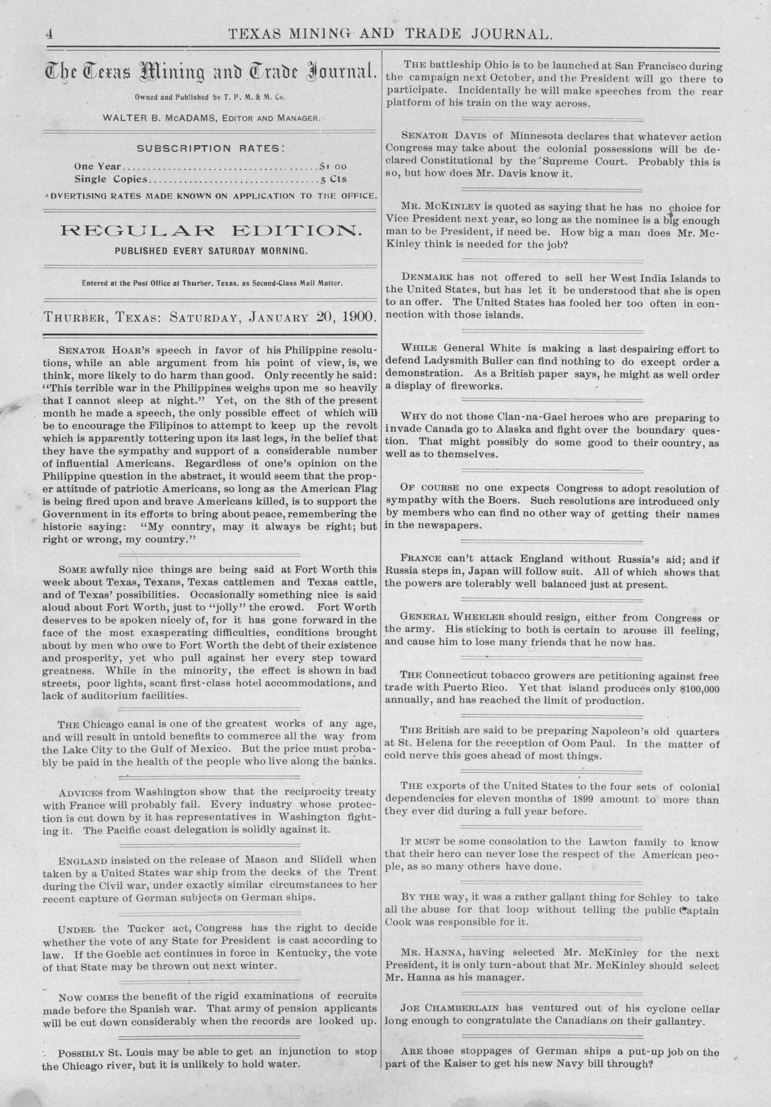 Texas Mining and Trade Journal, Volume 4, Number 27, Saturday, January 20, 1900
                                                
                                                    4
                                                