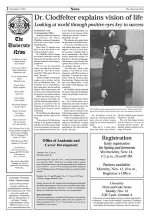 Primary view of object titled 'The University News (Irving, Tex.), Vol. [26], No. [9], Ed. 1 Wednesday, November 7, 2001'.