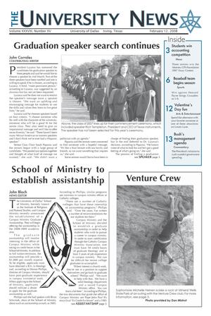 Primary view of object titled 'The University News (Irving, Tex.), Vol. 38, No. 15, Ed. 1 Tuesday, February 12, 2008'.