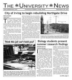 Primary view of object titled 'The University News (Irving, Tex.), Vol. 36, No. 4, Ed. 1 Tuesday, September 28, 2010'.