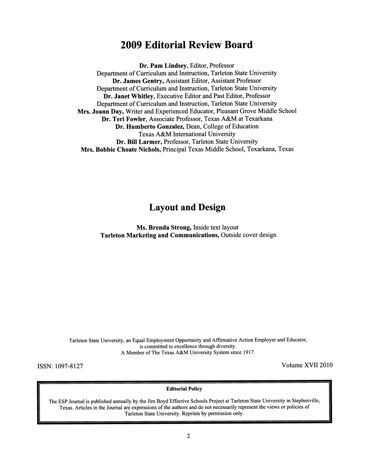 Journal of the Effective Schools Project, Volume 17, 2010
                                                
                                                    2
                                                