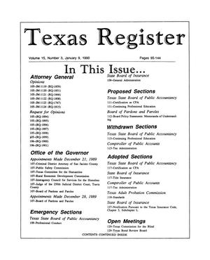 Primary view of object titled 'Texas Register, Volume 15, Number 3, Pages 95-144, January 9, 1990'.