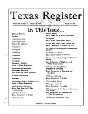 Primary view of object titled 'Texas Register, Volume 15, Number 11, Pages 667-738, February 9, 1990'.