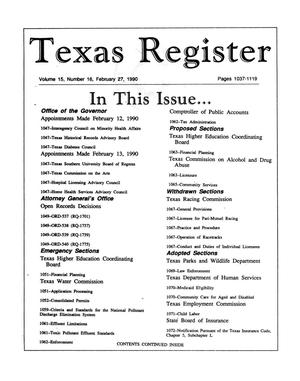 Primary view of object titled 'Texas Register, Volume 15, Number 16, Pages 1037-1119, February 27, 1990'.