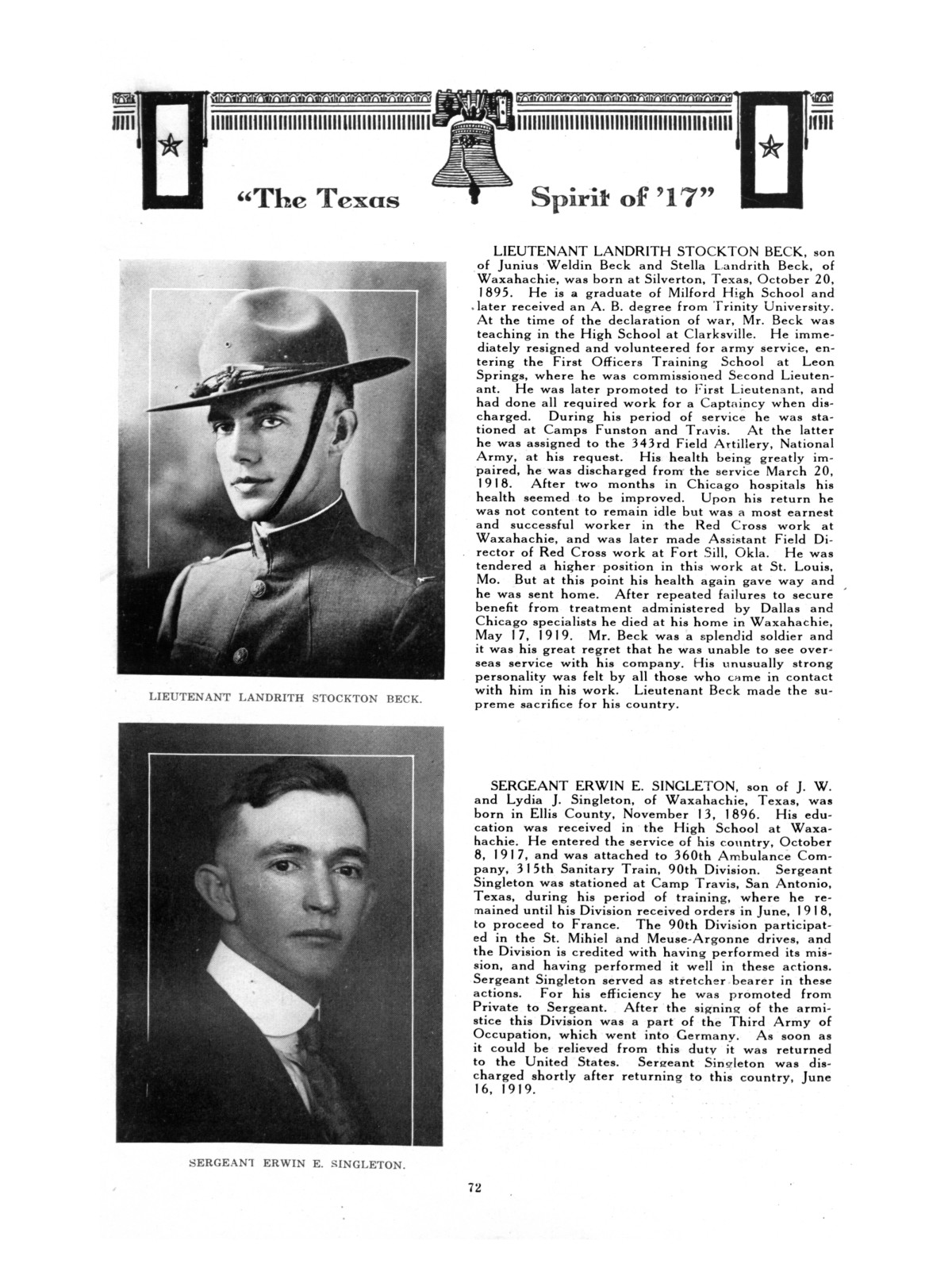 The Texas spirit of '17: a pictorial and biographical record of the gallant and courageous men from Ellis County who served in the Great War
                                                
                                                    [Sequence #]: 75 of 177
                                                
