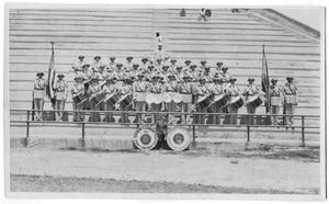 Primary view of object titled '[Band Standing in Bleachers]'.
