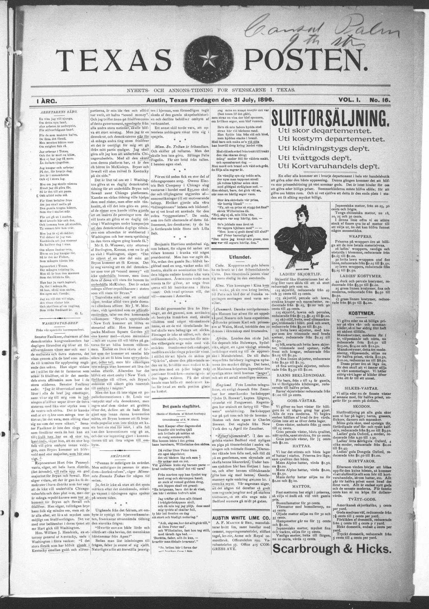 Texas Posten (Austin, Tex.), Vol. 1, No. 16, Ed. 1 Friday, July 31, 1896
                                                
                                                    [Sequence #]: 1 of 4
                                                