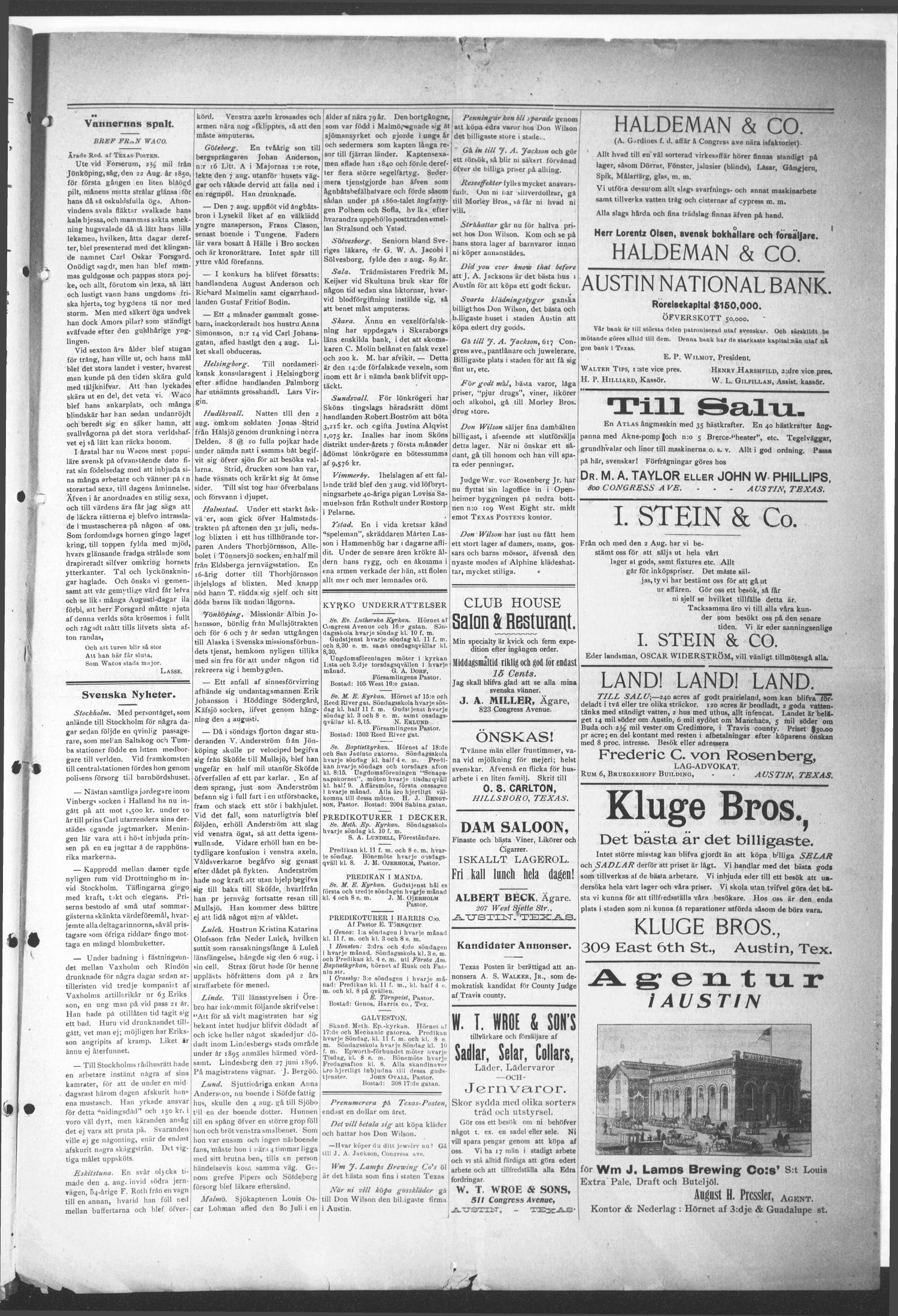Texas Posten (Austin, Tex.), Vol. 1, No. 21, Ed. 1 Friday, September 4, 1896
                                                
                                                    [Sequence #]: 3 of 4
                                                