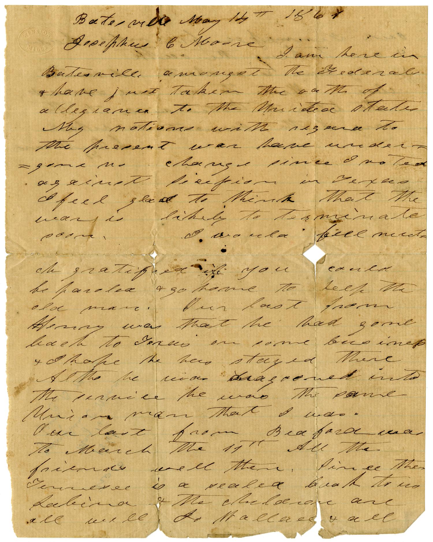 [Letter from Charles B. Moore to Josephus C. Moore, May 14, 1861]
                                                
                                                    [Sequence #]: 1 of 2
                                                