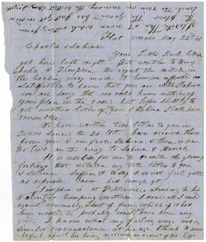 Primary view of object titled '[Letter from Ziza Moore to Charles Moore and Sabina Rucker, May 22, 1861]'.