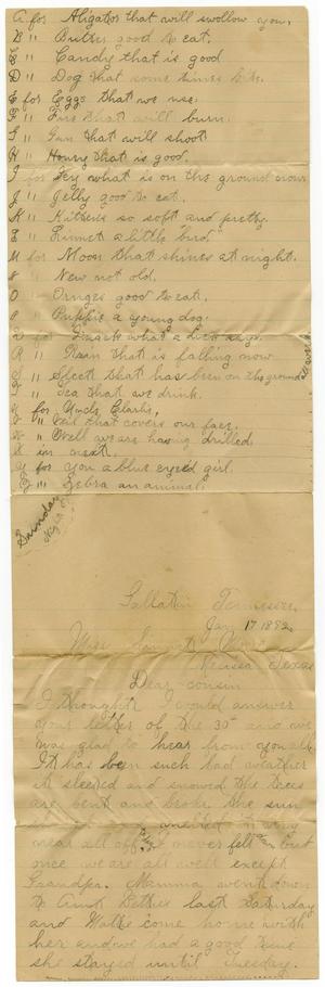 Primary view of object titled '[Letter from Birdie McGee to Linnet Moore, January 17, 1892]'.