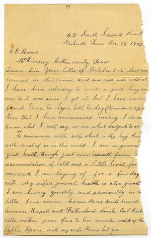 Primary view of object titled '[Letter from Travis Winham to Charles B. Moore, November 12, 1892]'.