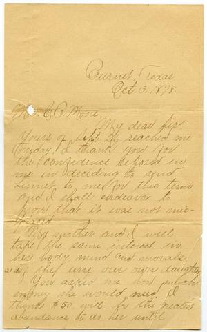Primary view of object titled '[Letter from Minnie Rawlings to C. B. Moore, October 3, 1898]'.
