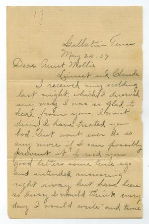 Primary view of object titled '[Letter from Birdie McGee to Mary Moore and Claude and Linnet White, May 24, 1907]'.