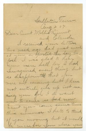 Primary view of object titled '[Letter from Birdie McKinley to Mary Moore, Claude and Linnet White, August 2, 1907]'.