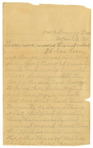Primary view of object titled '[Letter from Opal Drury to Mary Ann Moore and Linnet White, April 3, 1911]'.