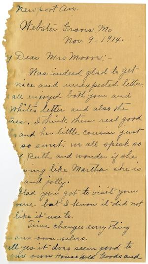 Primary view of object titled '[Letter from Mrs. Edgar Smith to Mary Moore, November 9, 1914]'.