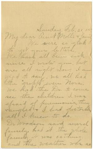 Primary view of object titled '[Letter from Birdie McKinley to Mollie Moore and Family, February 21, 1915]'.