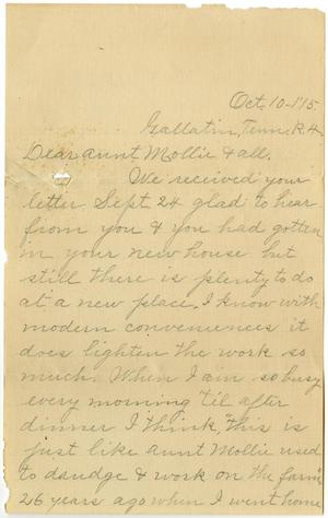 Primary view of object titled '[Letter from Alice G. to Mollie Moore, Linnet White, and Family, October 10, 1915]'.