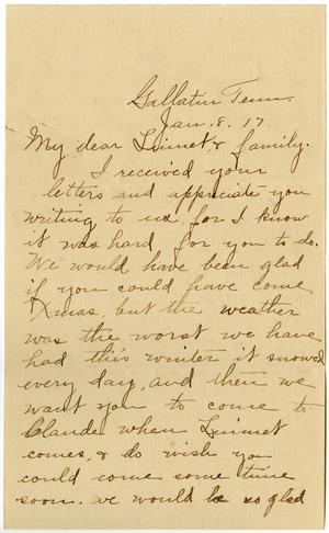 Primary view of object titled '[Letter from Birdie McKinley to Linnet White and Family, January 8, 1917]'.