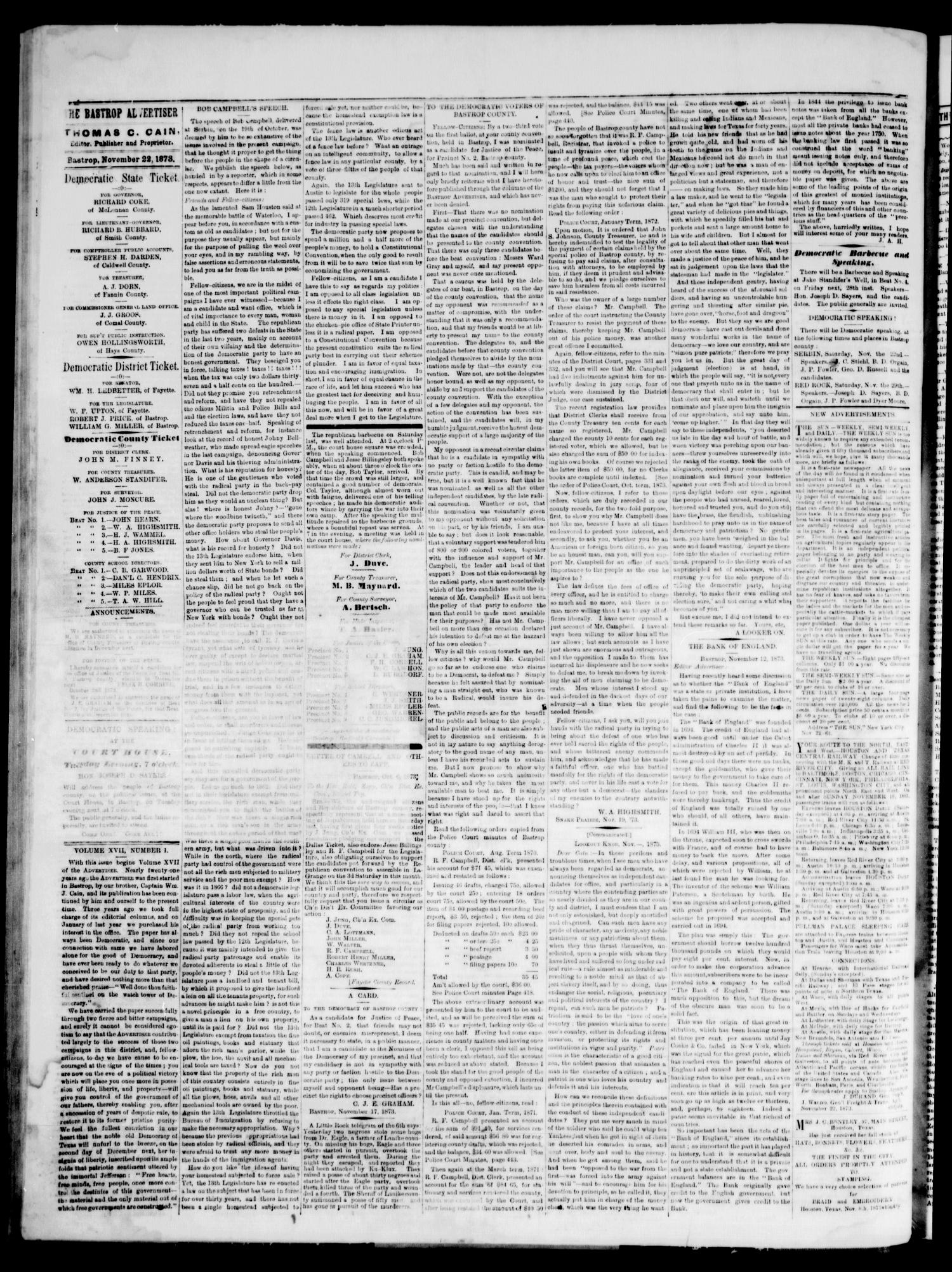 The Bastrop Advertiser (Bastrop, Tex.), Vol. 17, No. 1, Ed. 1 Saturday, November 22, 1873
                                                
                                                    [Sequence #]: 2 of 4
                                                