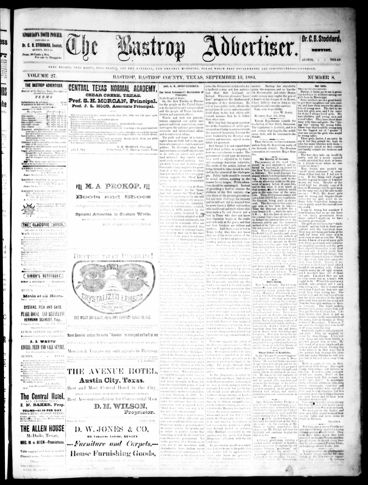 The Bastrop Advertiser (Bastrop, Tex.), Vol. 27, No. 38, Ed. 1 Saturday, September 13, 1884
                                                
                                                    [Sequence #]: 1 of 4
                                                