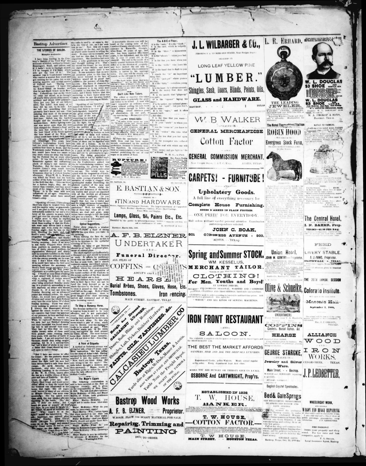 The Bastrop Advertiser (Bastrop, Tex.), Vol. 32, No. 27, Ed. 1 Saturday, August 17, 1889
                                                
                                                    [Sequence #]: 4 of 4
                                                