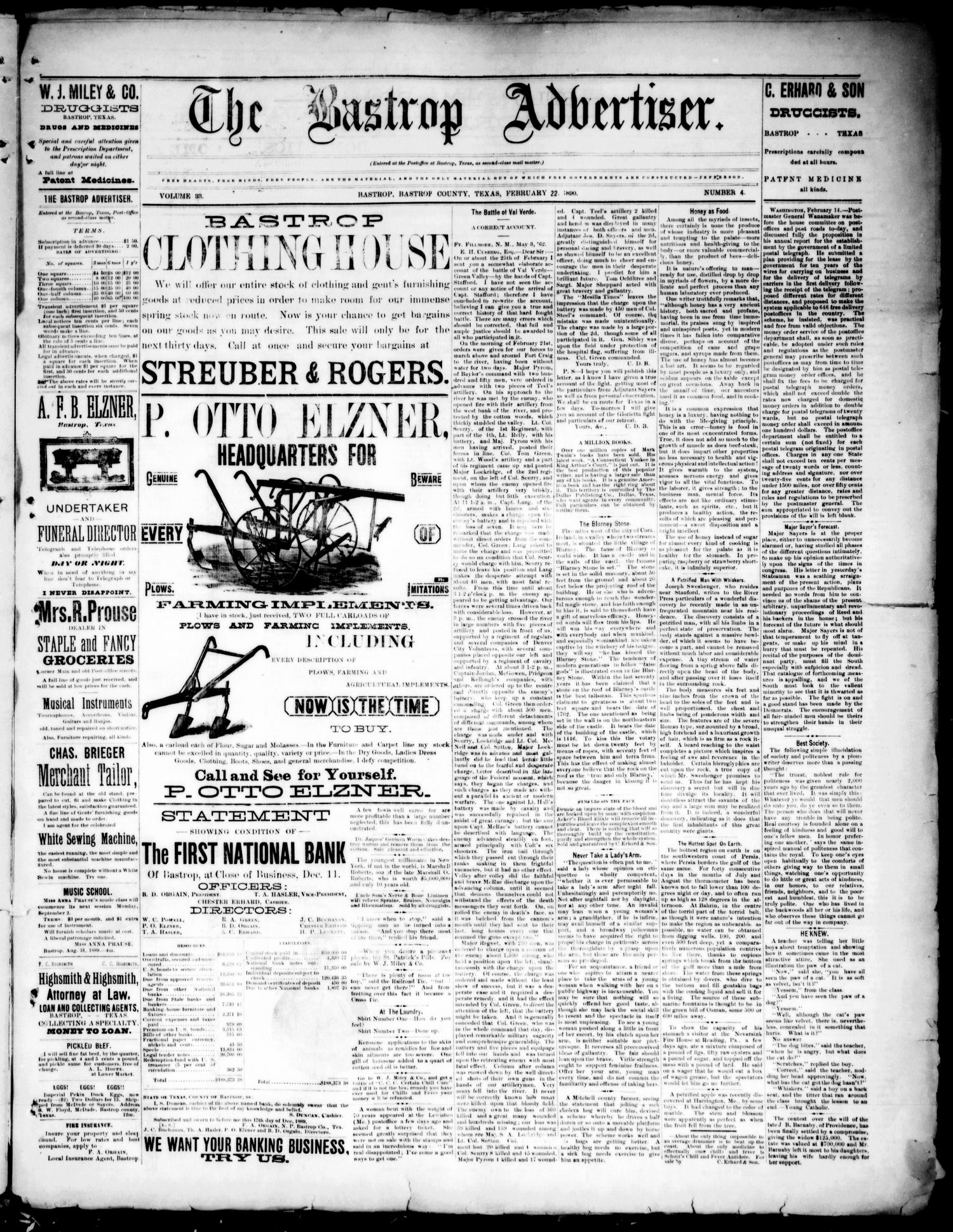 The Bastrop Advertiser (Bastrop, Tex.), Vol. 33, No. 4, Ed. 1 Saturday, February 22, 1890
                                                
                                                    [Sequence #]: 1 of 4
                                                