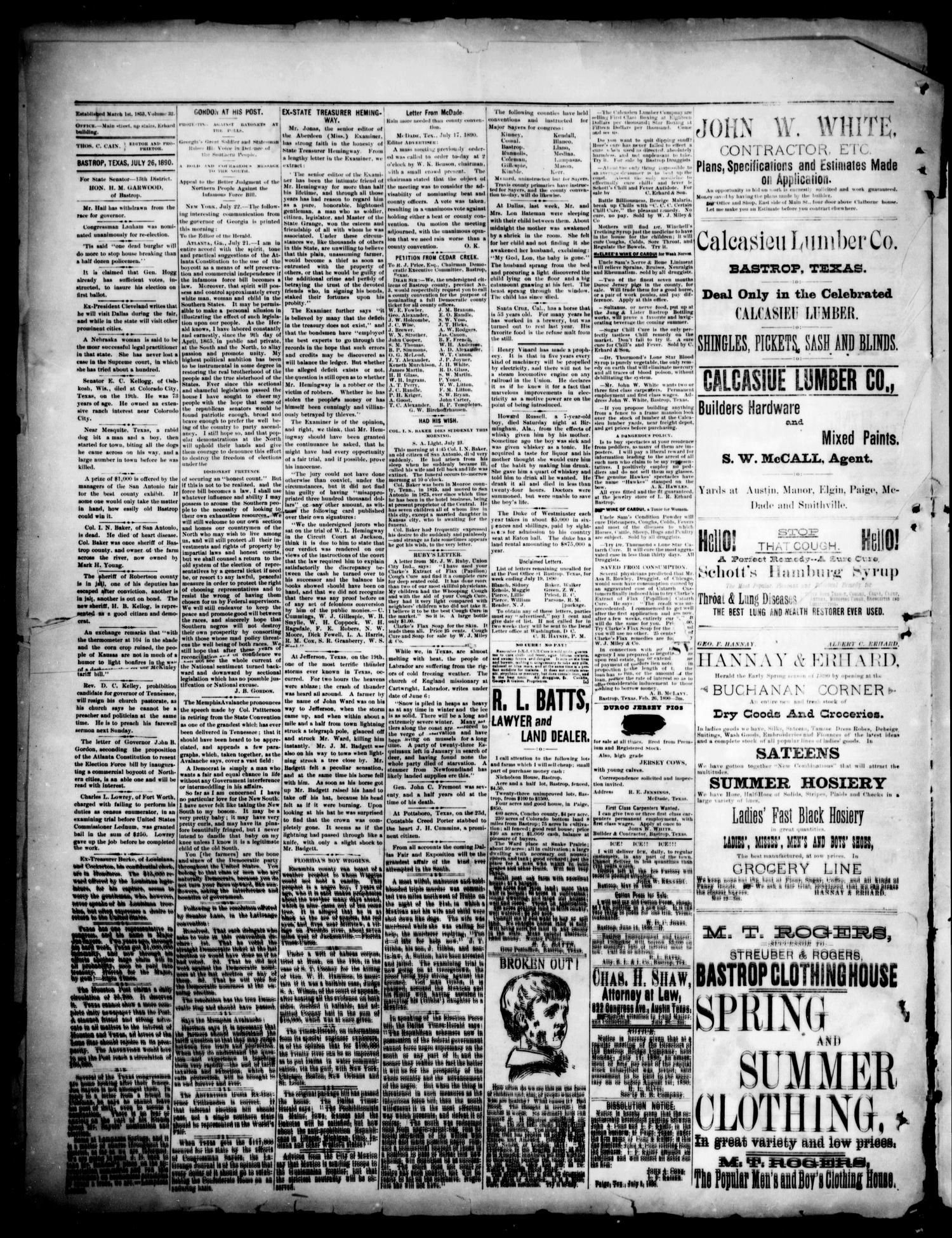 The Bastrop Advertiser (Bastrop, Tex.), Vol. 33, No. 26, Ed. 1 Saturday, July 26, 1890
                                                
                                                    [Sequence #]: 2 of 4
                                                