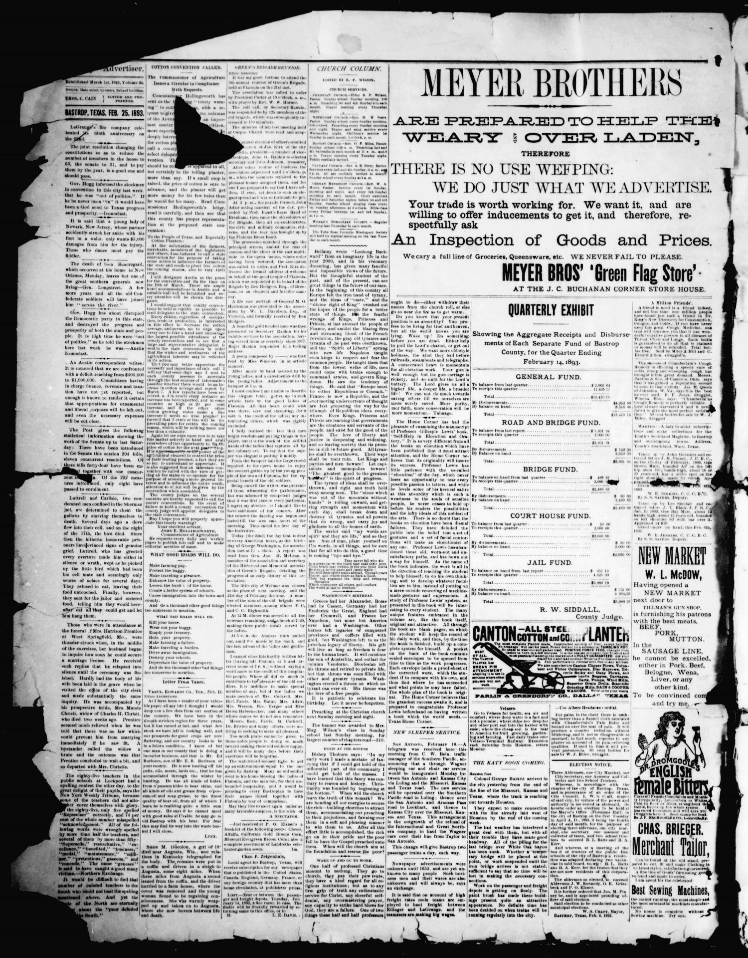 The Bastrop Advertiser (Bastrop, Tex.), Vol. 35, No. 3, Ed. 1 Saturday, February 25, 1893
                                                
                                                    [Sequence #]: 2 of 4
                                                
