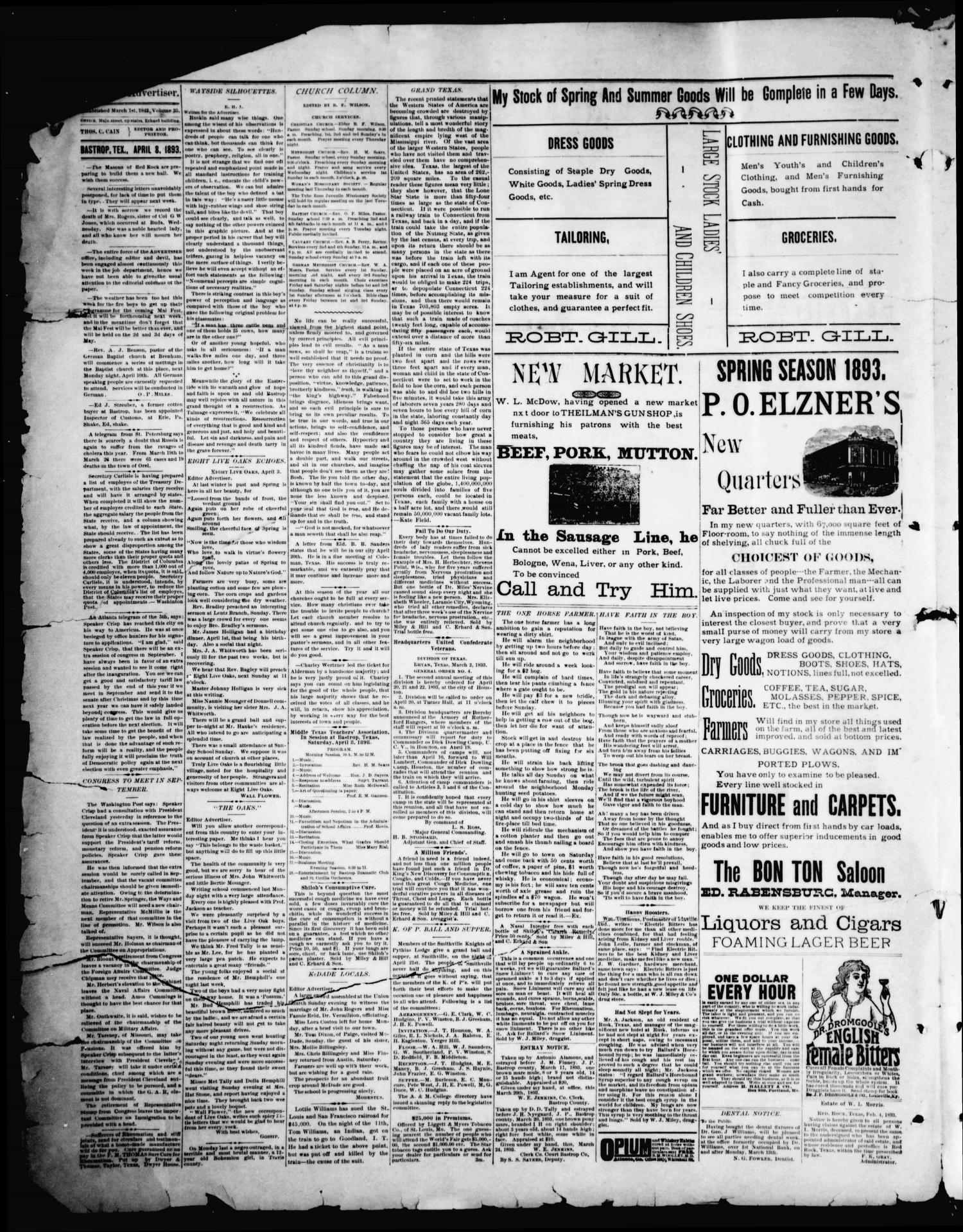 The Bastrop Advertiser (Bastrop, Tex.), Vol. 35, No. 9, Ed. 1 Saturday, April 8, 1893
                                                
                                                    [Sequence #]: 2 of 4
                                                