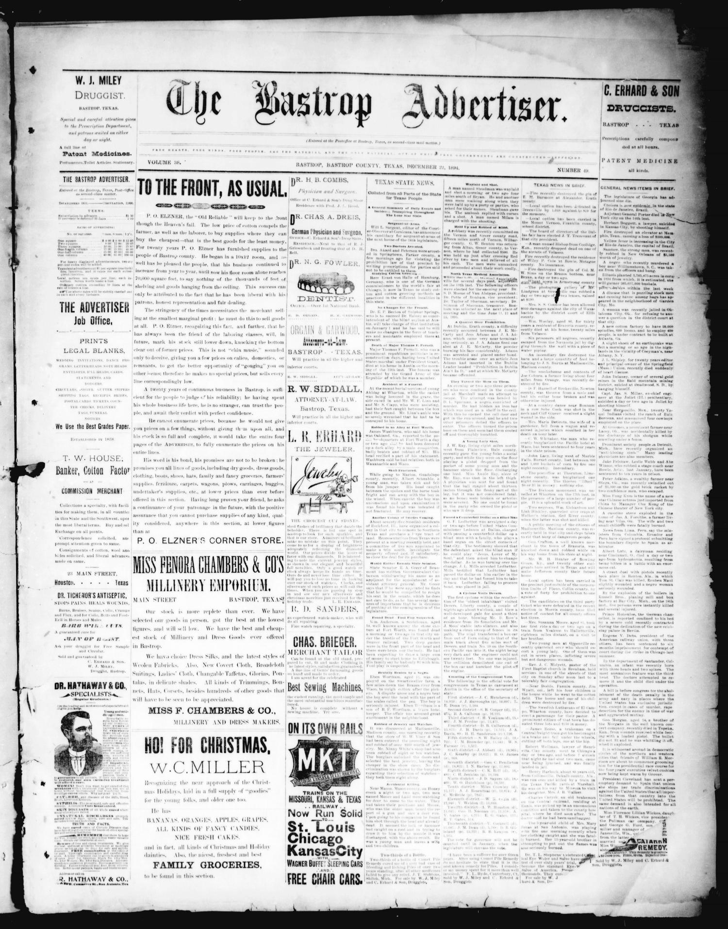 The Bastrop Advertiser (Bastrop, Tex.), Vol. 38, No. 49, Ed. 1 Saturday, December 22, 1894
                                                
                                                    [Sequence #]: 1 of 8
                                                