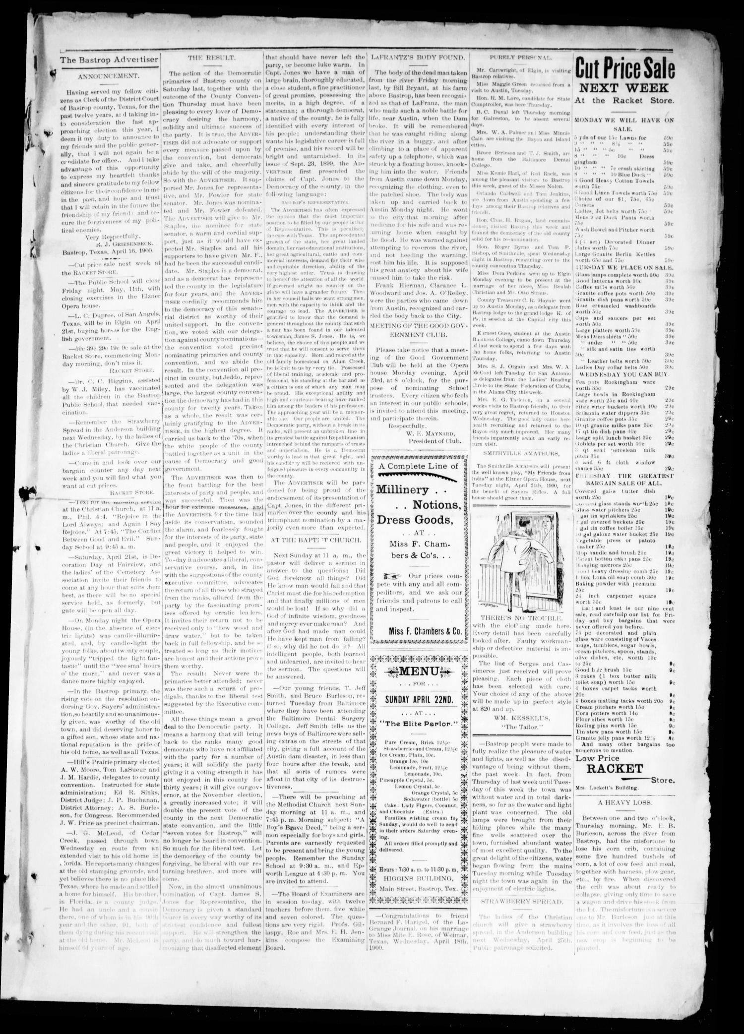 The Bastrop Advertiser (Bastrop, Tex.), Vol. 48, No. 16, Ed. 1 Saturday, April 21, 1900
                                                
                                                    [Sequence #]: 3 of 8
                                                