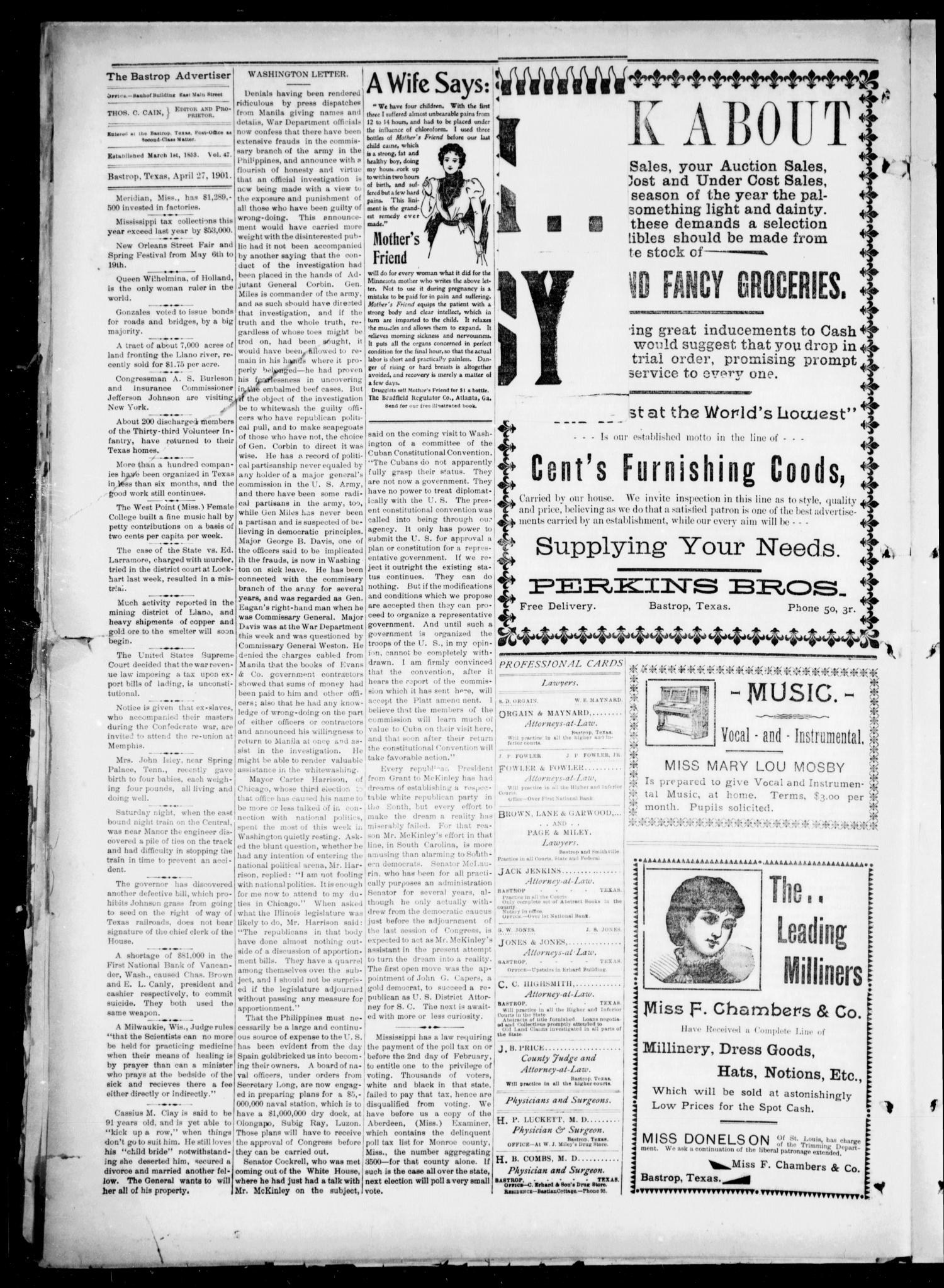 The Bastrop Advertiser (Bastrop, Tex.), Vol. 48, No. 16, Ed. 1 Saturday, April 27, 1901
                                                
                                                    [Sequence #]: 4 of 8
                                                