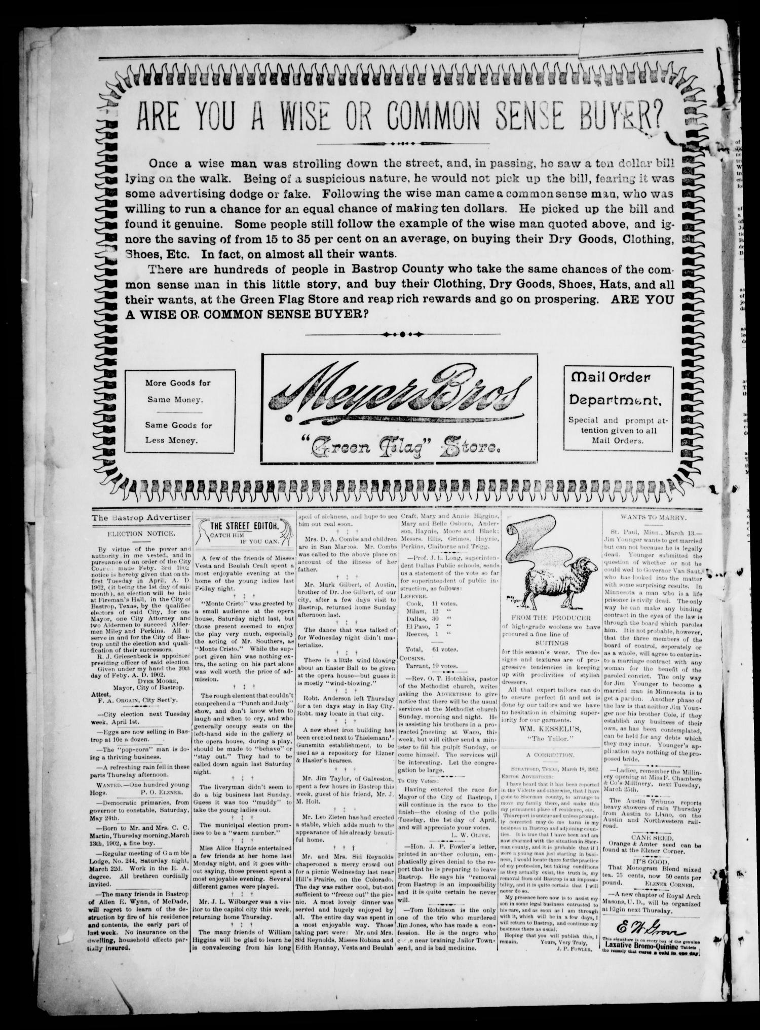 The Bastrop Advertiser (Bastrop, Tex.), Vol. 49, No. 12, Ed. 1 Saturday, March 22, 1902
                                                
                                                    [Sequence #]: 2 of 8
                                                