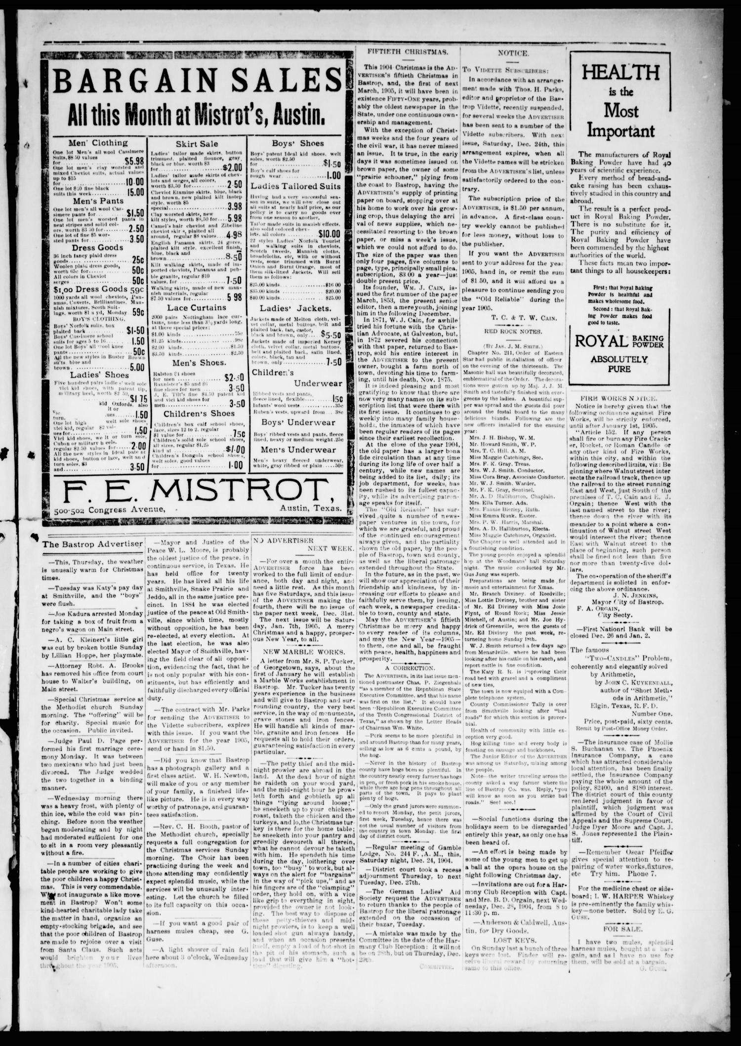 The Bastrop Advertiser (Bastrop, Tex.), Vol. 52, No. 41, Ed. 1 Saturday, December 24, 1904
                                                
                                                    [Sequence #]: 3 of 12
                                                