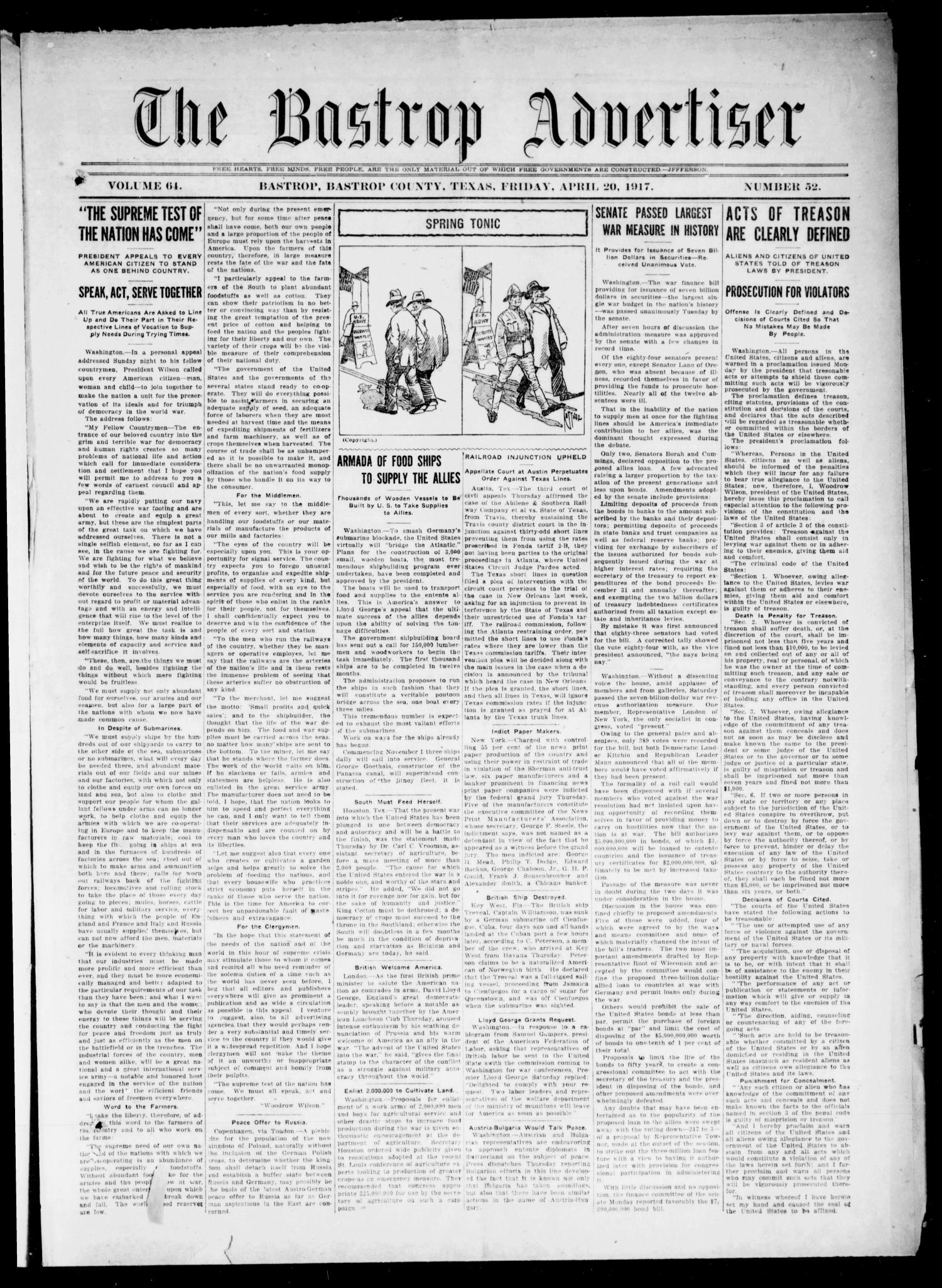 The Bastrop Advertiser (Bastrop, Tex.), Vol. 64, No. 52, Ed. 1 Friday, April 20, 1917
                                                
                                                    [Sequence #]: 1 of 8
                                                