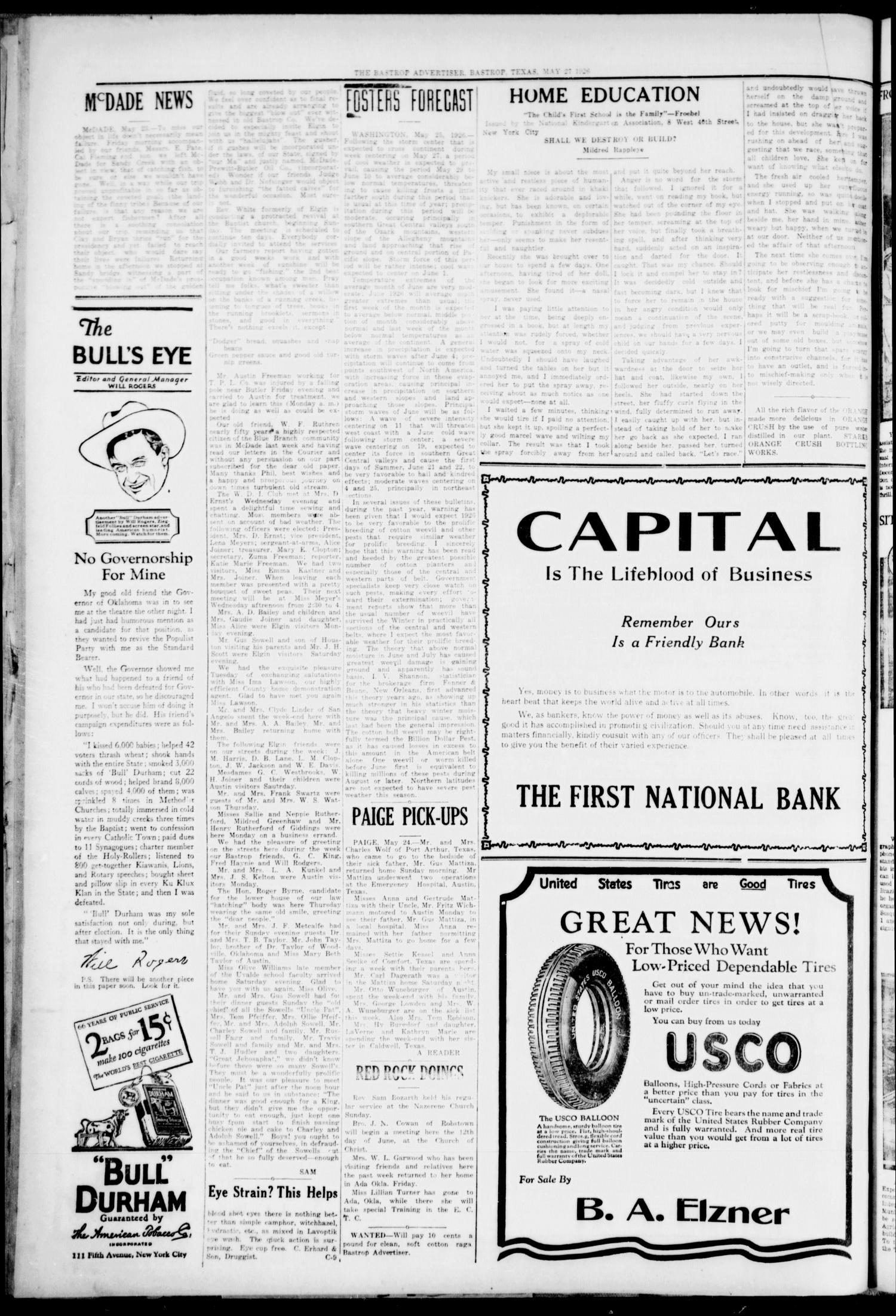 The Bastrop Advertiser (Bastrop, Tex.), Vol. 73, No. 1, Ed. 1 Thursday, May 27, 1926
                                                
                                                    [Sequence #]: 4 of 8
                                                