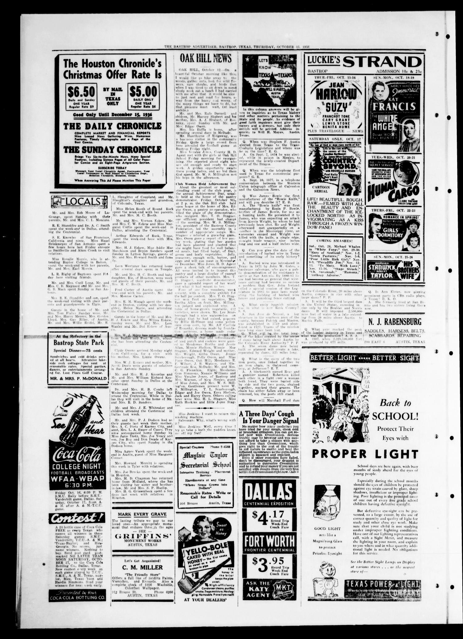 Bastrop Advertiser (Bastrop, Tex.), Vol. 83, No. 30, Ed. 1 Thursday, October 15, 1936
                                                
                                                    [Sequence #]: 4 of 4
                                                