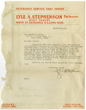 Primary view of object titled '[Letter from Lyle A. Stephenson to Claude D. White, March 27, 1914]'.