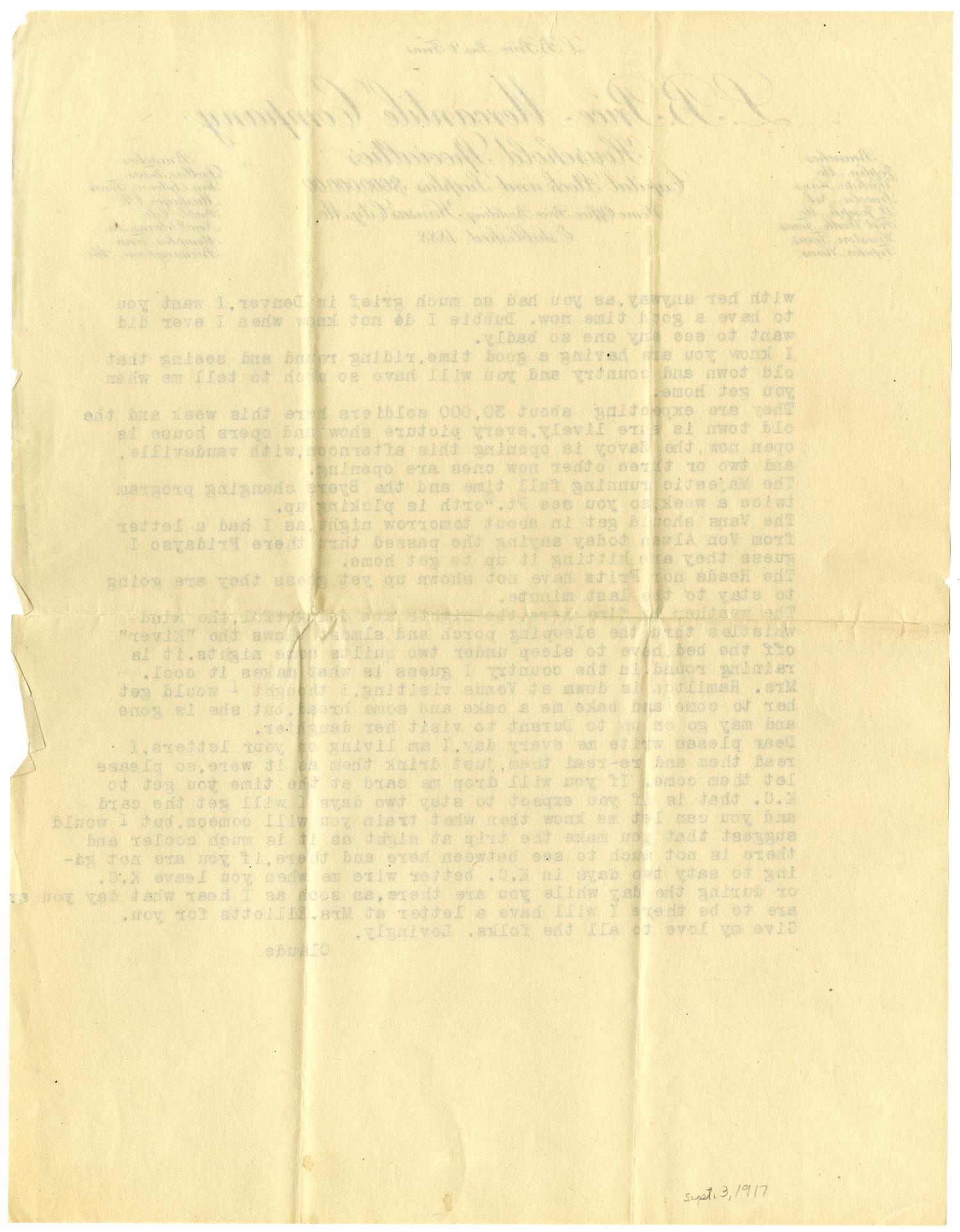 [Letter from Claude D. White to Mrs. Claude D. White, September 3, 1917]
                                                
                                                    [Sequence #]: 4 of 6
                                                