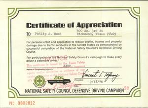 Primary view of object titled '[Certificate of appreciation to Phillip Reed for defensive driving completion]'.