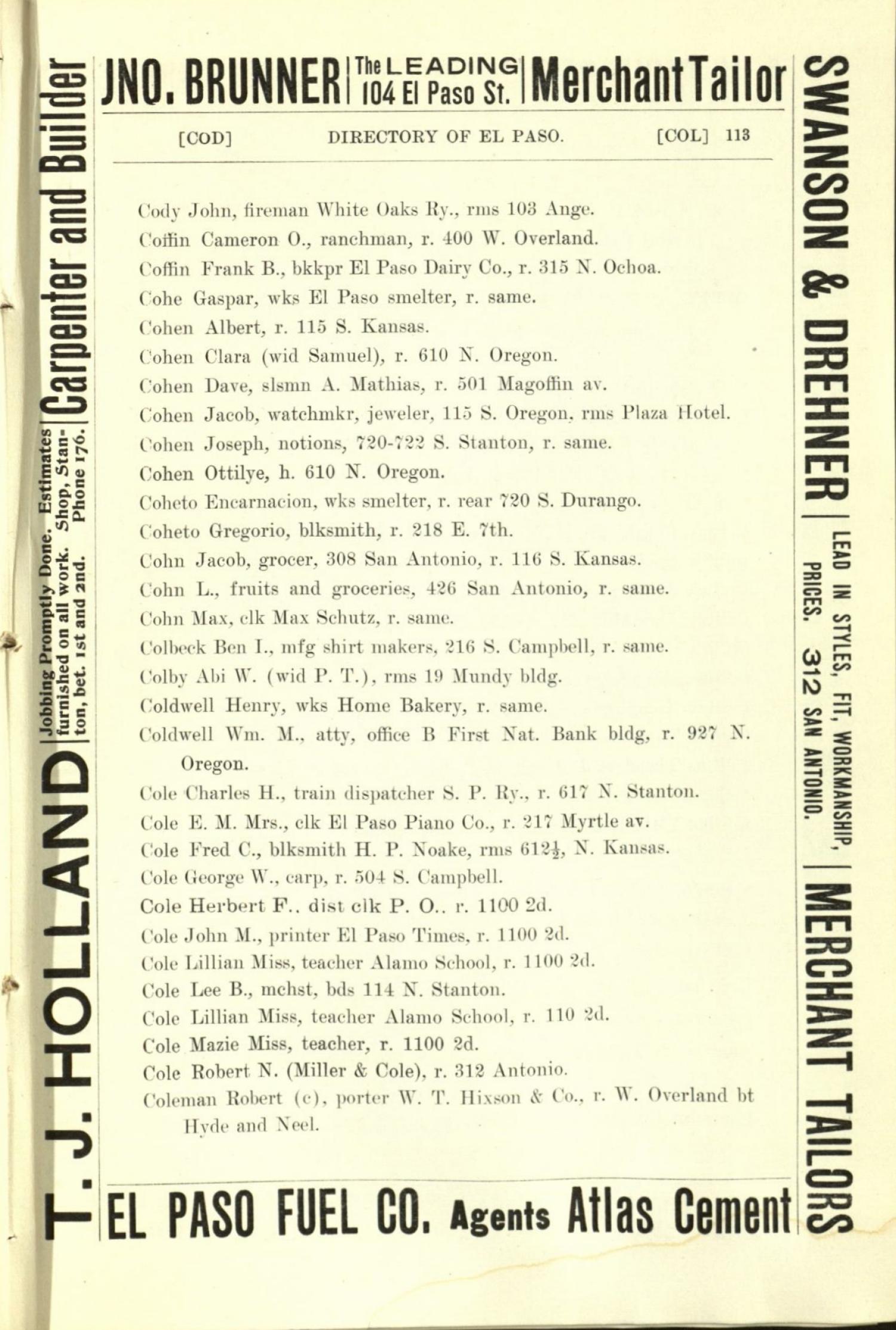 Worley's Directory of the City of El Paso, Texas 1901
                                                
                                                    113
                                                