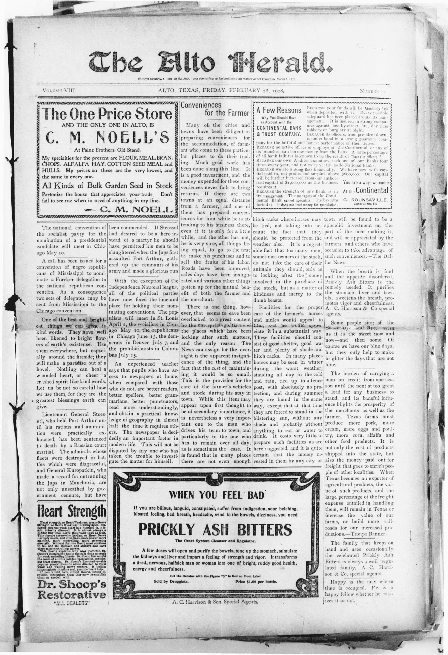 The Alto Herald (Alto, Tex.), Vol. 8, No. 12, Ed. 1 Friday, February 28, 1908
                                                
                                                    [Sequence #]: 1 of 8
                                                